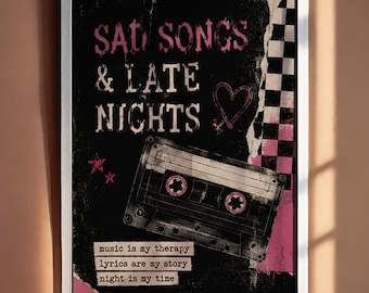Digital poster med sorgliga sånger och sena nätter, väggkonst med emomusik, grungekassetttryck, alternativ inredning för år 2000, punk-sovrumsestetik