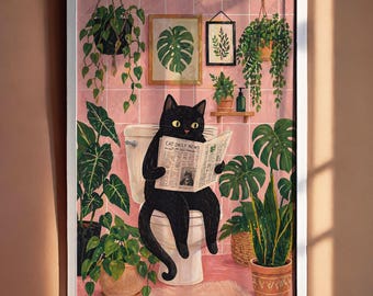 May include: A framed art print depicts a black cat sitting on a toilet, reading a newspaper titled "Cat Daily News." The bathroom scene includes pink tile, potted plants, and framed botanical prints, creating a whimsical and cozy atmosphere.