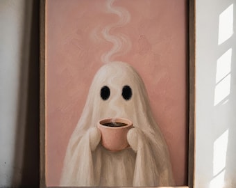 Ghost Drinking Coffee Print: Spooky Gothic Kitchen Wall Art