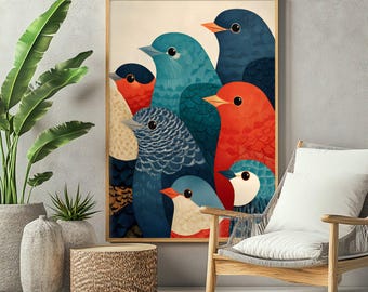 Mid Century Japanese Bird Art Print, Modern Illustration, Contemporary Wall Decor, Dynamic Artwork