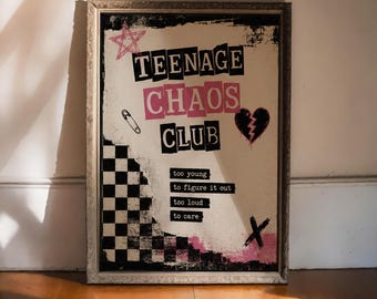 Teenage Chaos Club-affisch, emo-väggkonsttryck, rosa-svart grunge-dekor, Y2K-punkrumsestetik, alternativ schackrutig affisch