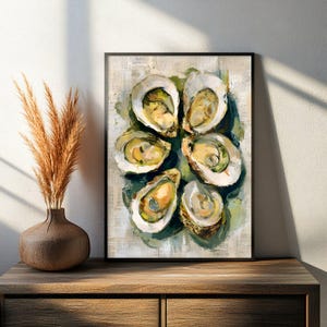 Oyster Poster, Seafood Still Life Wall Art, Coastal Kitchen Print, Painterly Shellfish Bar Decor