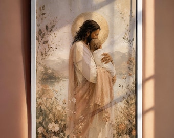 Jesus Embracing Child Wall Art Print, Jesus Holding Angel Baby Art Print, Pregnancy & Infant Loss