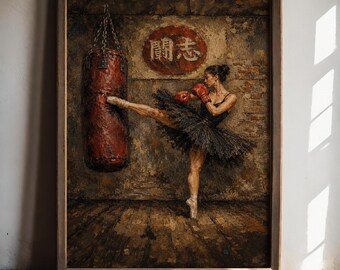 Fighting Grace – Ballet Boxer Oil Painting Print | Vintage Martial Arts Wall Art, Ballerina Print