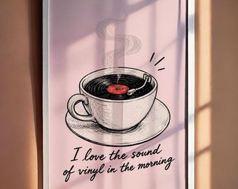 Vinyl Record Poster Print, Retro Music Lover Wall Art, Pink Aesthetic Coffee Illustration, Cozy Record Player Kitchen Decor