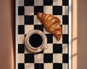 Coffee & Croissant Kitchen Wall Art Print, Retro Checkerboard Cafe Poster, Cozy Breakfast Illustration, Modern Coffee Bar Decor