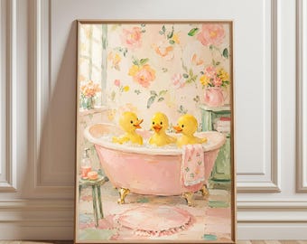 Duck Trio-poster, nyckfullt konsttryck, vintageillustration, blommig väggdekoration, lekfullt konstverk