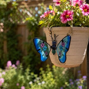 Glass Butterfly Pot Hanger, Stained Glass Butterfly Garden Decor, Flower Pot Hook, Plant Pot Suncatcher, Plant Lover Gift