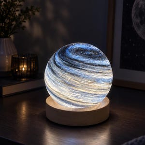 Glowing Planet Night Light with Wooden Base, Galaxy Sphere Lamp, Celestial Bedroom Decor, Astronomy Gift for Space Lover