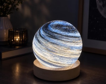 Glowing Planet Night Light with Wooden Base, Galaxy Sphere Lamp, Celestial Bedroom Decor, Astronomy Gift for Space Lover