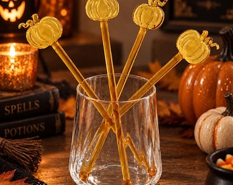 Glass Pumpkin Drink Stirrers, Halloween Cocktail Swizzle Sticks, Amber Glass Stir Sticks, Fall Party Barware, Thanksgiving Gift