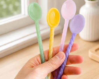 Pastel Glass Spoon Set, Twisted Handle Coffee Spoons, Colorful Tea Spoons, Dessert Spoons, Cute Kitchen Gift, Coffee Lover Gift