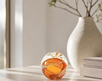 Amber Glass Paperweight, Gold Fleck Art Glass Ball, Decorative Glass Sphere, Desk Decor, Office Gift, Home Decor,Christmas gift