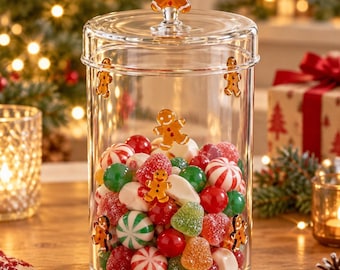 Gingerbread Man Glass Candy Jar with Lid, Christmas Cookie Jar, Holiday Candy Storage, Festive Kitchen Decor, Xmas Gift