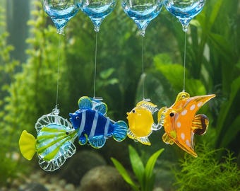 Hand-Blown Glass Fish Ornament: Floating Bubble Fish with Float, Aquarium Decor, Glass Swallowtail Fish, Father's Day Gift