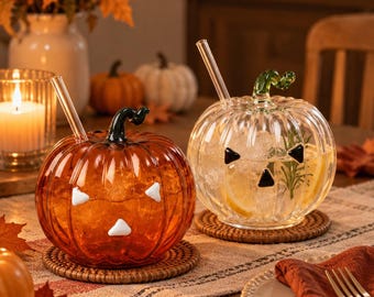 Glass Pumpkin Cup, Halloween LED Pumpkin Lantern, Jack O Lantern Decor, Fall Table Decoration, Unique Halloween Gift