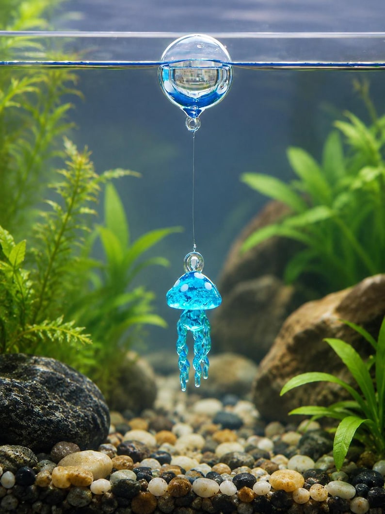 May include: A clear glass sphere floating at the water surface, connected by a thin transparent line to a small, translucent blue glass jellyfish ornament with white spots and dangling tentacles suspended underwater in an aquarium.
