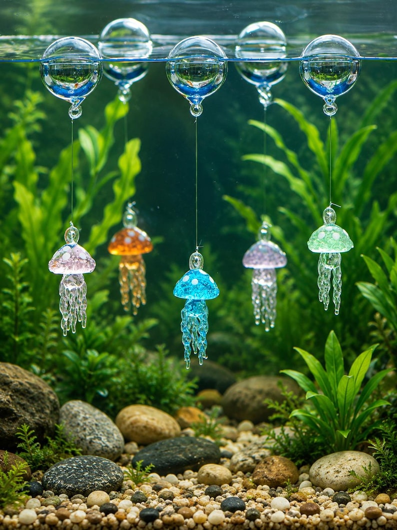 May include: Five glass jellyfish ornaments suspended by thin lines from clear glass spheres floating on the water surface. Each jellyfish features a distinct color including pink, orange, blue, purple, and green with white spots and dangling tentacles.