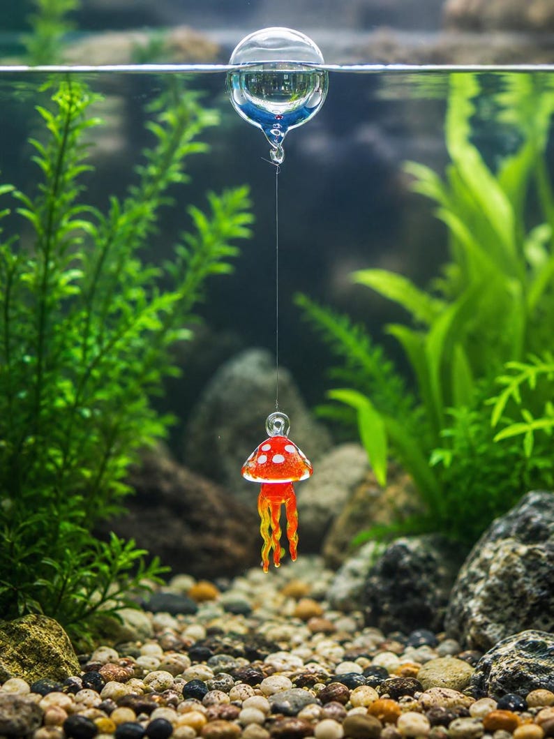 May include: A clear glass sphere floats on the water surface, connected by a thin line to a small, red, mushroom-shaped glass ornament with white spots and dangling orange tentacles, suspended underwater in an aquarium setting.