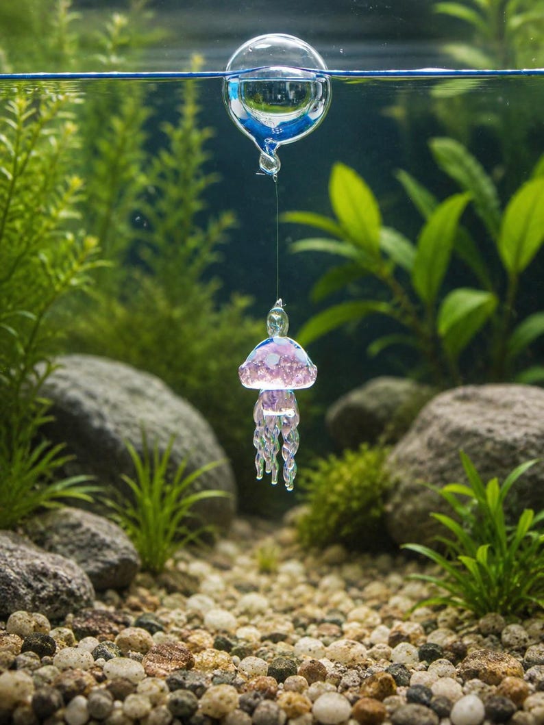 May include: A clear glass sphere floating at the water surface, connected by a thin filament to a small, iridescent pink and white glass jellyfish ornament with twisted tentacles suspended underwater in an aquarium setting.