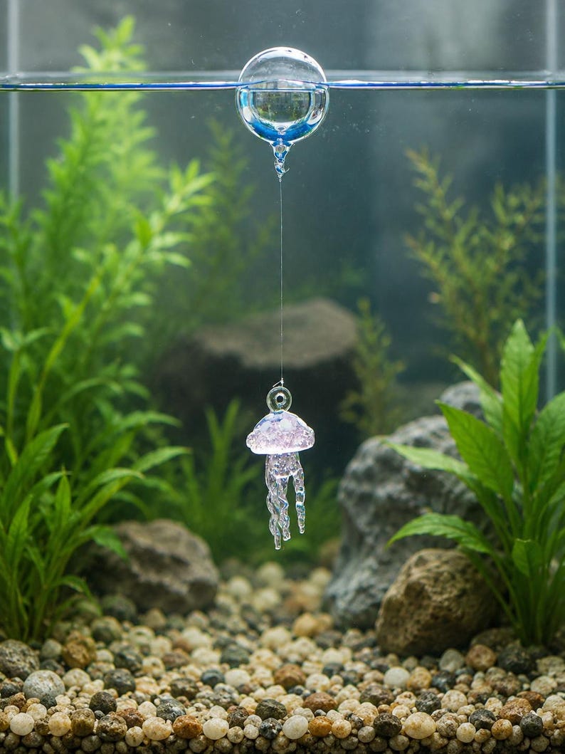 May include: A clear glass jellyfish ornament suspended by a thin filament from a floating glass sphere. The jellyfish has a translucent pinkish-purple bell and elongated, twisted tentacles, hanging vertically within a clear liquid environment.