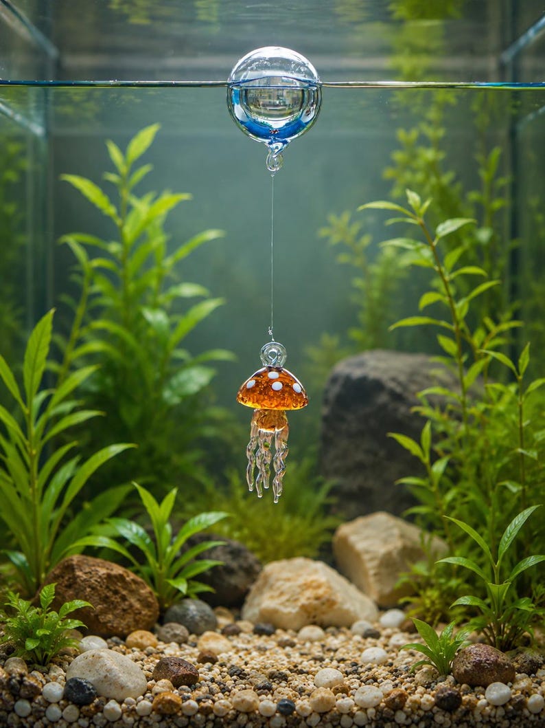 May include: A clear glass sphere floats on the water surface, connected by a thin transparent line to a small orange glass mushroom ornament with white spots and dangling clear glass tentacles suspended in the water.