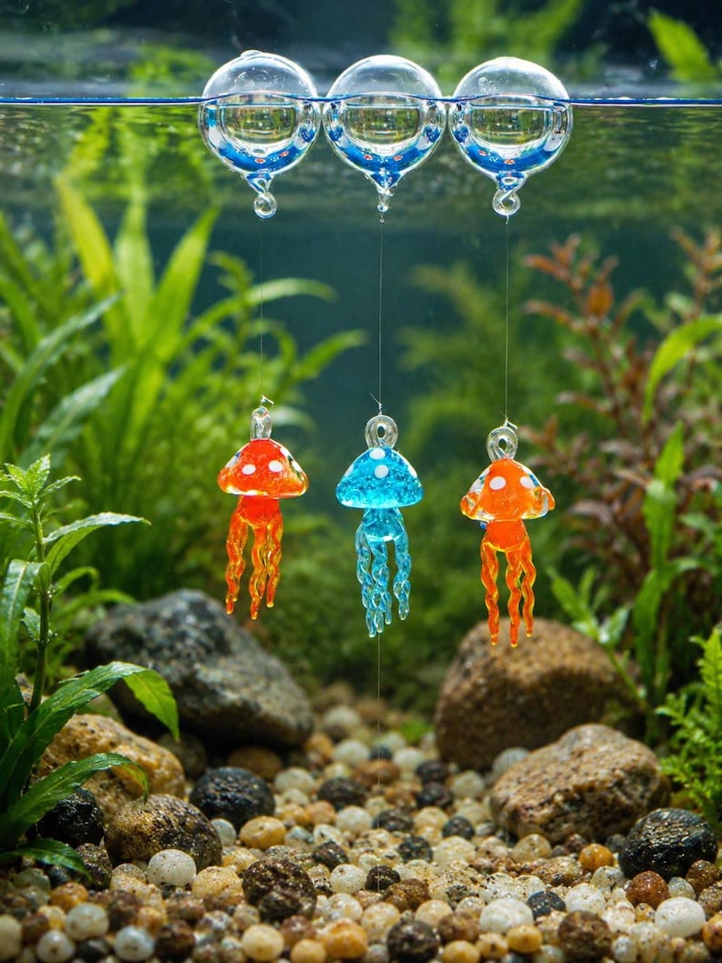 May include: Three glass jellyfish ornaments suspended by thin lines from three clear glass spheres floating on the water surface. The jellyfish are colored orange, blue, and orange, each featuring white spots on their caps and dangling tentacles.