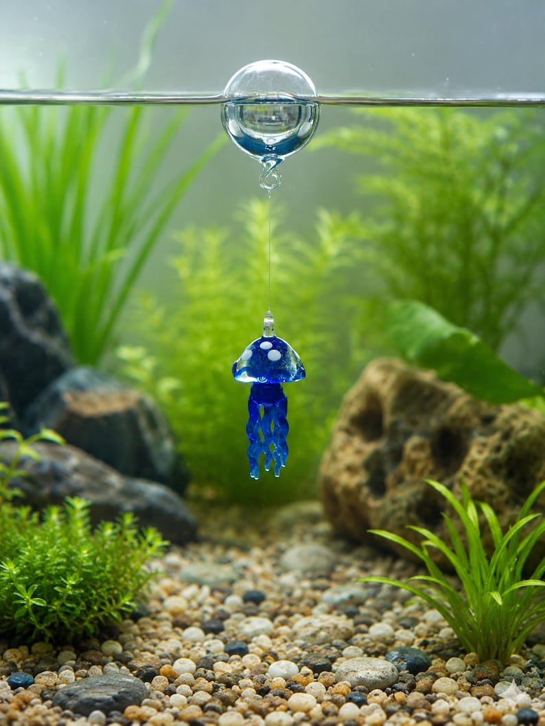May include: A blue glass jellyfish ornament with white spots suspended from a clear glass sphere floating at the water surface. The jellyfish has a rounded bell top and multiple dangling, wavy tentacles hanging vertically in the water.