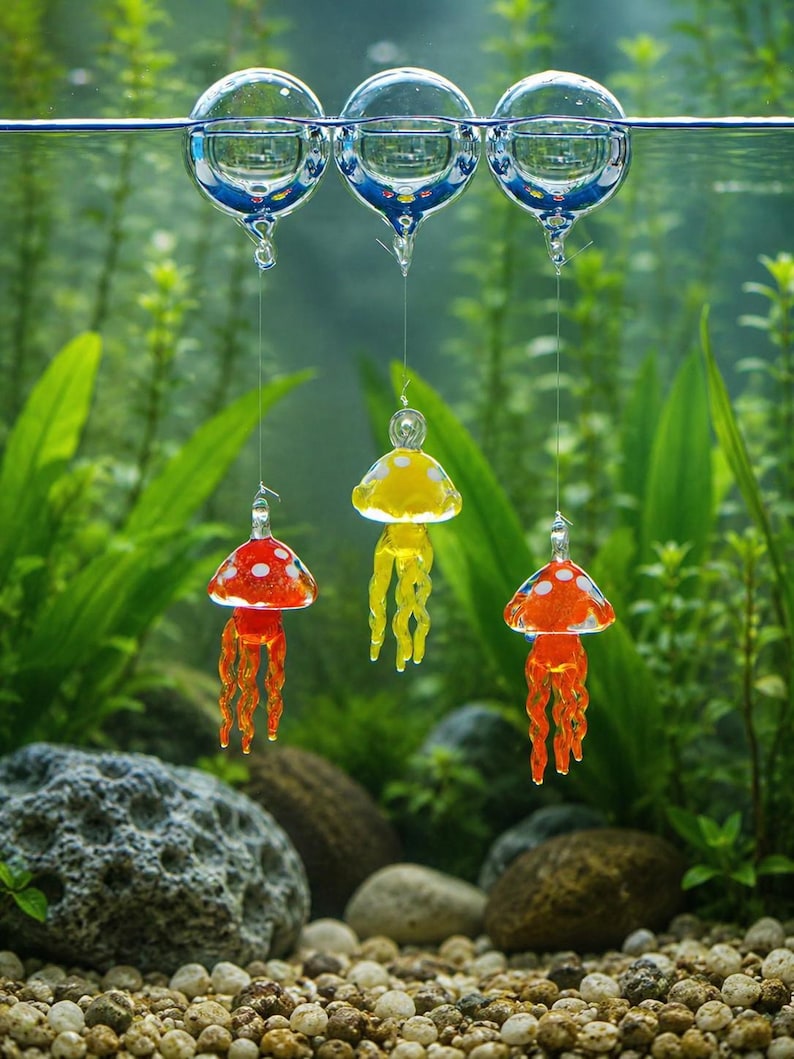 May include: Three glass jellyfish ornaments suspended from clear glass spheres floating at the water surface. The jellyfish are colored red, yellow, and orange, each featuring white spots on their caps and long, wavy, translucent tentacles.