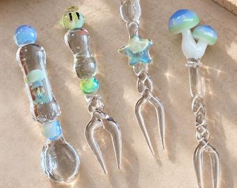 Handmade Glass Fruit Fork, Cute Dessert Fork, Mushroom Star Jellyfish Cocktail Pick, Mini Glass Fork, Unique Tableware Gift