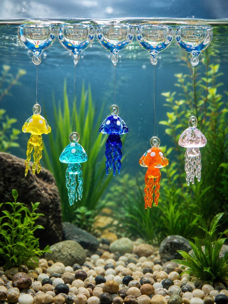 May include: Five glass jellyfish ornaments in yellow, turquoise, blue, orange, and pink, each featuring white spots on the bell and dangling tentacles. The ornaments are suspended by thin wires from clear glass floats at the water surface.