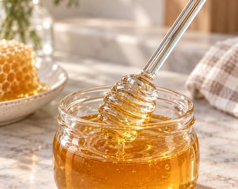 Handmade Glass Honey Dipper, Colorful Honey Stirring Stick, Pink Clear Amber Glass Honey Wand, Tea Coffee Stirrer, Kitchen Gift