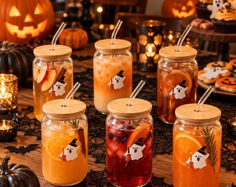Halloween Glass Cup with Straw, Ghost Glass Tumbler, Bamboo Lid Iced Coffee Cup, Halloween Party Drinkware, Spooky Fall Gift