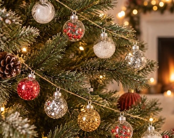 Glass Christmas Ornaments Garland, Handmade Clear Baubles, Mini Christmas Tree Decorations, Holiday Home Decor, Unique Gift for Christmas