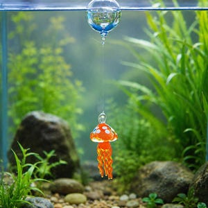 May include: A clear glass sphere floats at the water surface, connected by a thin, transparent line to a small, orange glass jellyfish ornament. The jellyfish features a rounded cap with white spots and dangling, textured tentacles.