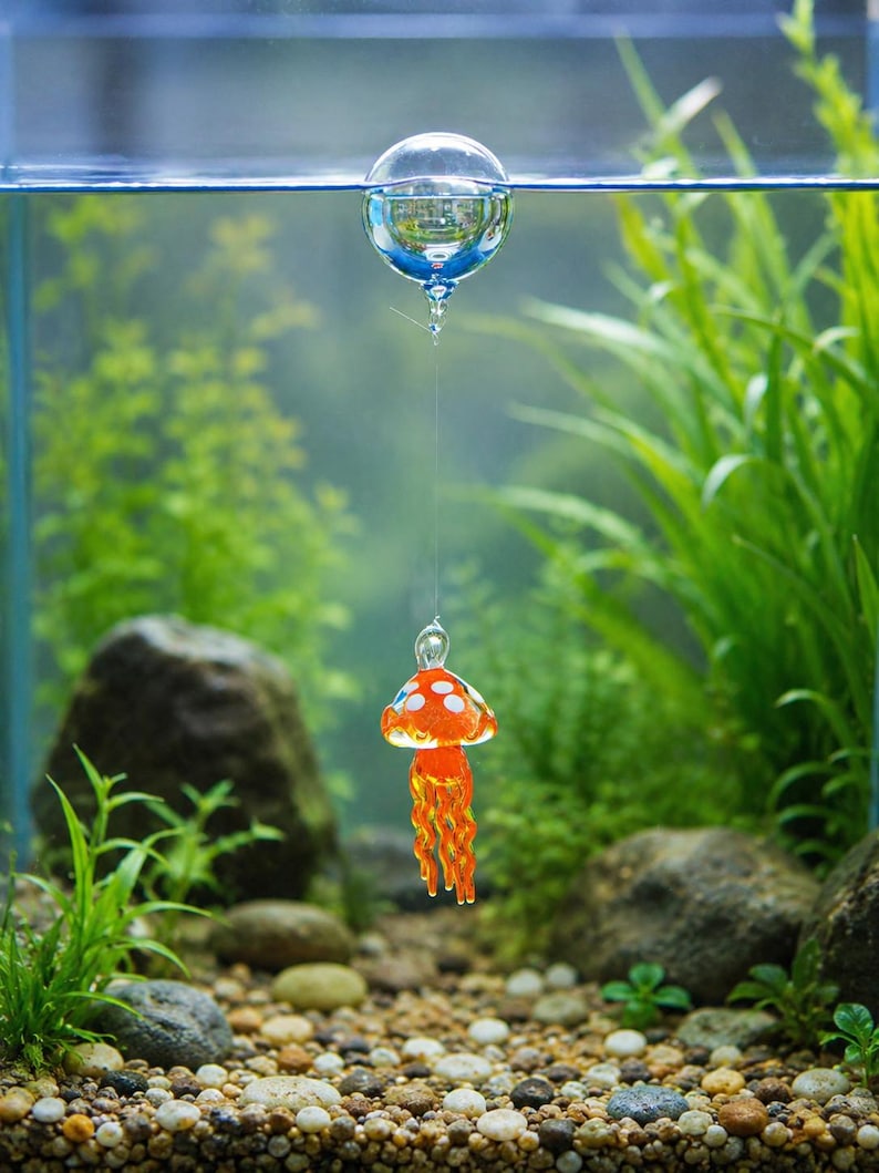 May include: A clear glass sphere floats at the water surface, connected by a thin, transparent line to a small, orange glass jellyfish ornament. The jellyfish features a rounded cap with white spots and dangling, textured tentacles.