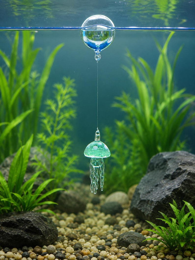 May include: A clear glass sphere floats on the water surface, connected by a thin, transparent line to a small, light green glass jellyfish ornament with white spots and dangling tentacles suspended beneath the surface of the water.