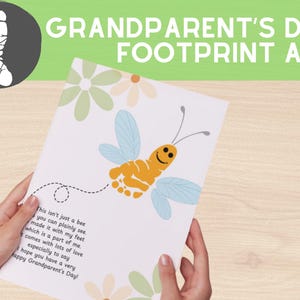 May include: A white card with a yellow and blue butterfly made with a footprint. The card has a poem about the butterfly and says "Happy Grandparent's Day!"