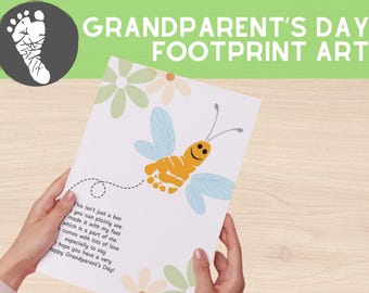 May include: A white card with a yellow and blue butterfly made with a footprint. The card has a poem about the butterfly and says "Happy Grandparent's Day!"