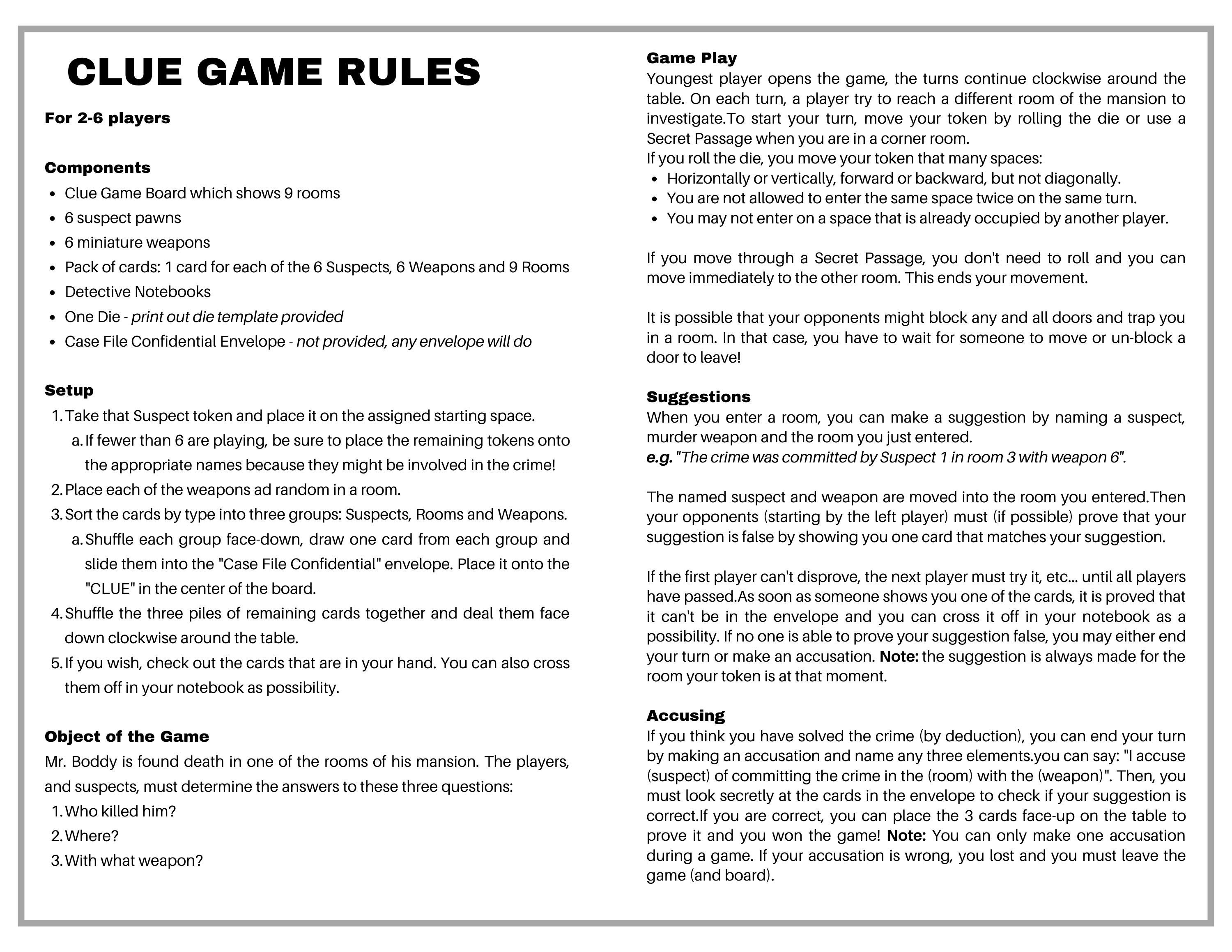 Clue - Board Game - 2 Player Rule 