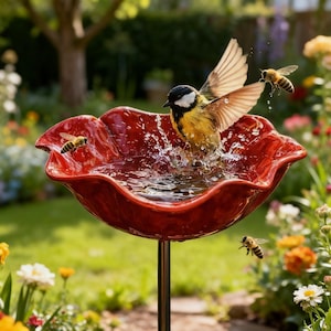 Puede incluir: Un vibrante bebedero rojo con borde festoneado, lleno de agua. Un pájaro amarillo y negro chapotea en el agua, con abejas volando cerca. El bebedero está sobre un soporte de metal, en un jardín.
