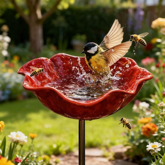 Flower-Shaped Metal Bird Bath Stake, Garden Bird Feeder Decor