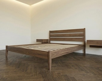 Solid Oak Platform Bed Frame with Floating Nightstands, Modern Minimalist Bedroom Furniture