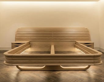 Solid Oak Platform Bed with Floating Nightstands – Minimalist Wood Frame Storage