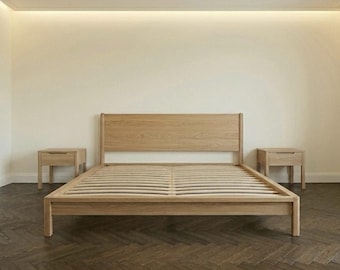 Solid Oak Bed Frame with Nightstands, Minimalist Scandinavian Bedroom Furniture