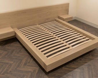 Minimalist Solid Oak Platform Bed with Floating Nightstands | Modern Japanese Style Bed Frame