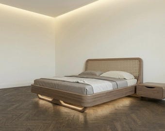 Solid Oak Platform Bed, Rattan Headboard, Floating Nightstands, Japandi Style