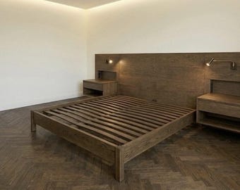Modern Solid Oak Bed with Integrated Nightstands and LED Lighting