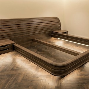 Solid Oak Bed Frame with Floating Nightstands, Mid Century Platform Bed, Curved Slatted Headboard