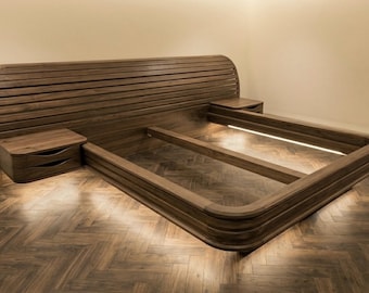 Solid Oak Bed Frame with Floating Nightstands, Mid Century Platform Bed, Curved Slatted Headboard